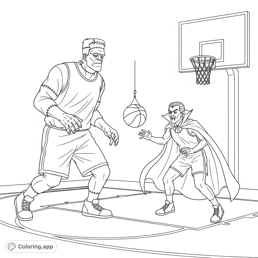 An epic basketball showdown featuring Frankenstein's monster and Dracula on the court. A fun, spooky, and unique sports coloring page for all ages.