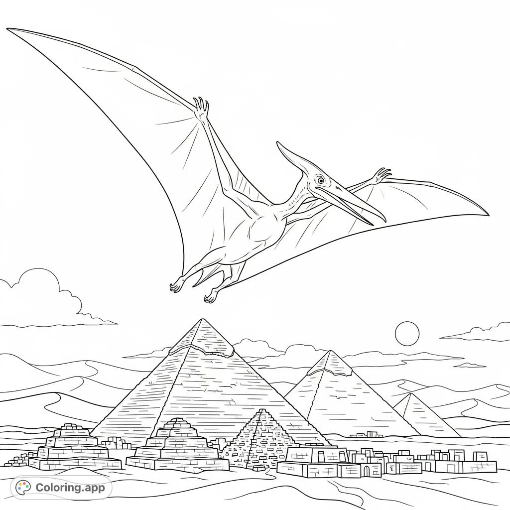 A magnificent pterodactyl flies above the ancient Great Pyramids of Giza, set against a vast desert landscape. A blend of prehistoric wonder and historical marvel.