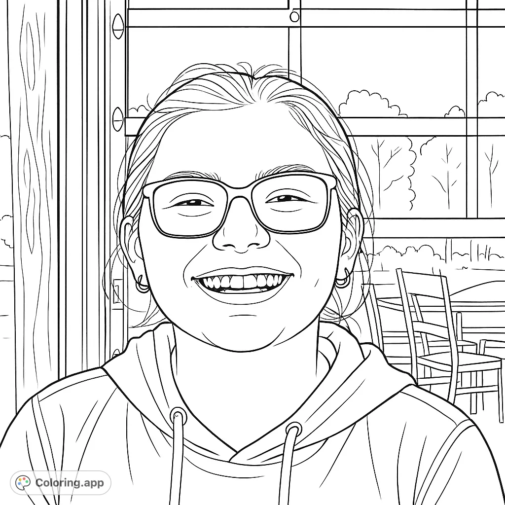 A cheerful person with glasses, smiling broadly, set against a windowed background. Perfect for a personalized coloring experience.