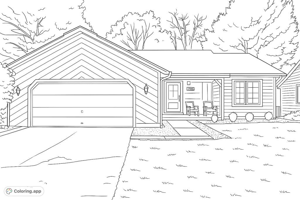 Color a charming suburban house with a garage, inviting porch, and landscaped yard. Perfect for home enthusiasts and aspiring architects.