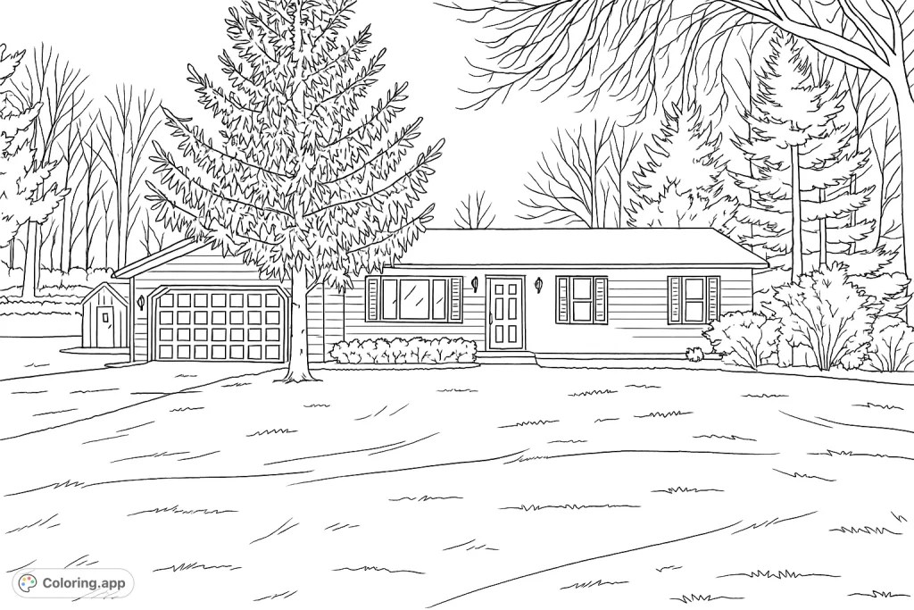 Color a charming ranch-style house with a prominent evergreen tree, inviting lawn, and detailed architectural features in a peaceful setting.