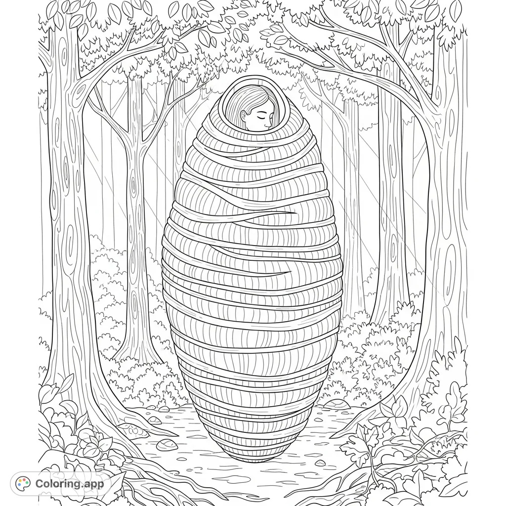 Discover a serene full-body figure wrapped in a textured cocoon, nestled within a detailed forest. A unique nature-themed coloring page for quiet reflection.