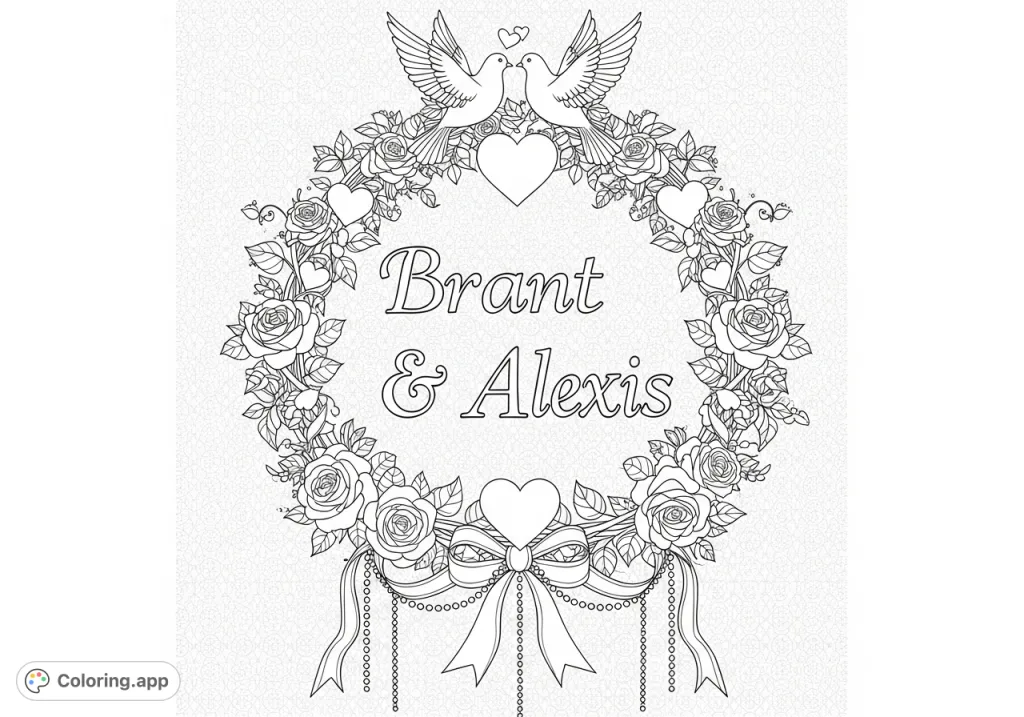 A beautifully detailed romantic coloring page featuring the names "Brant & Alexis" intertwined with an elaborate floral wreath, hearts, and doves.