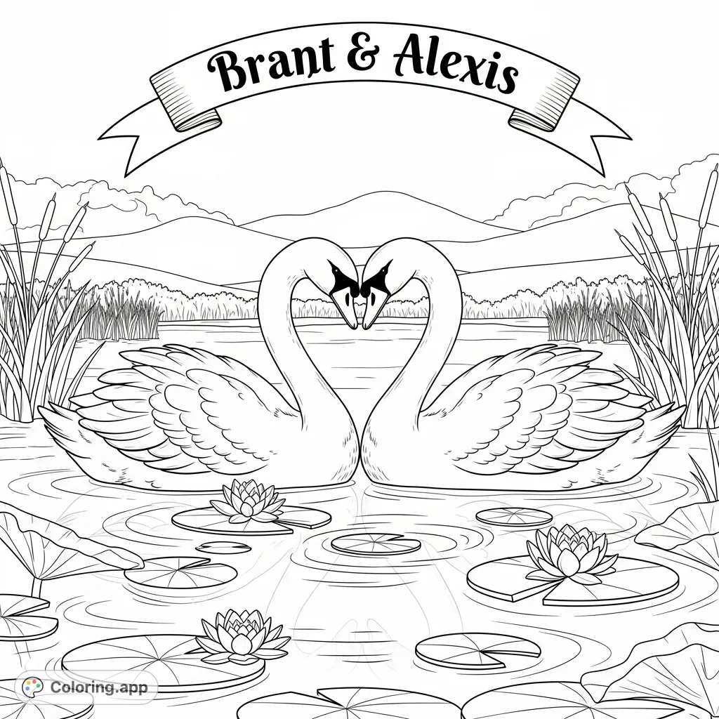 A romantic coloring page featuring two graceful swans with intertwined necks forming a heart, surrounded by a tranquil pond and foliage, with "Brant & Alexis" inscribed.