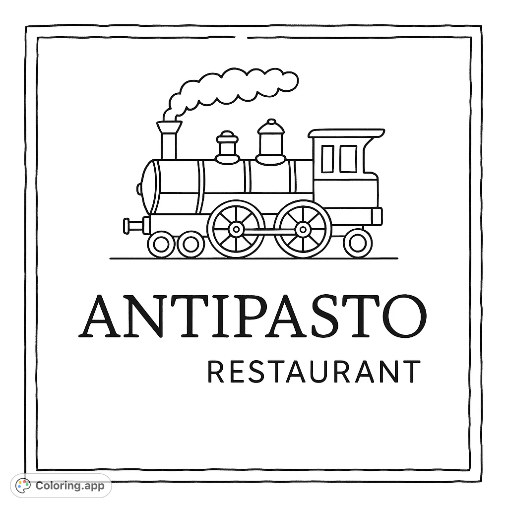 A charming vintage steam train with the 'Antipasto Restaurant' name, set within a rustic frame. Perfect for young artists to color during a meal.