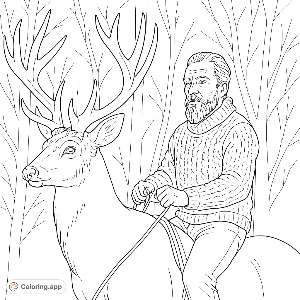 Embark on a mystical journey with this forest rider and his majestic stag. A detailed scene perfect for bringing to life with your favorite colors.
