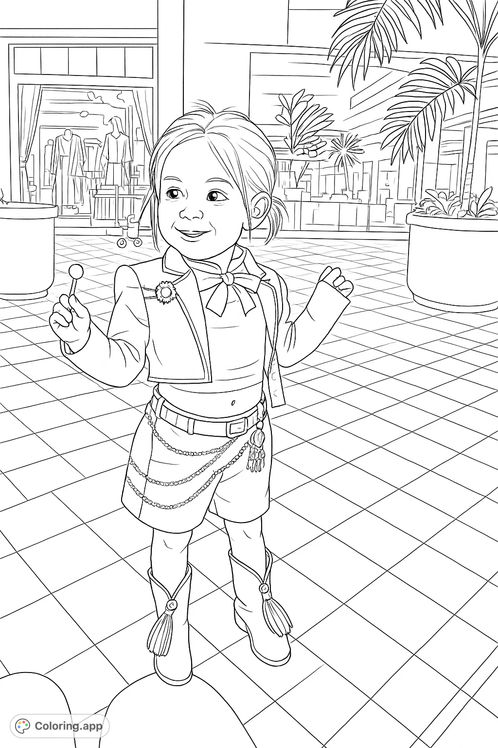 A delightful coloring page featuring a child in an elaborate, detailed costume, holding a lollipop. Perfect for imaginative fun and creative expression.