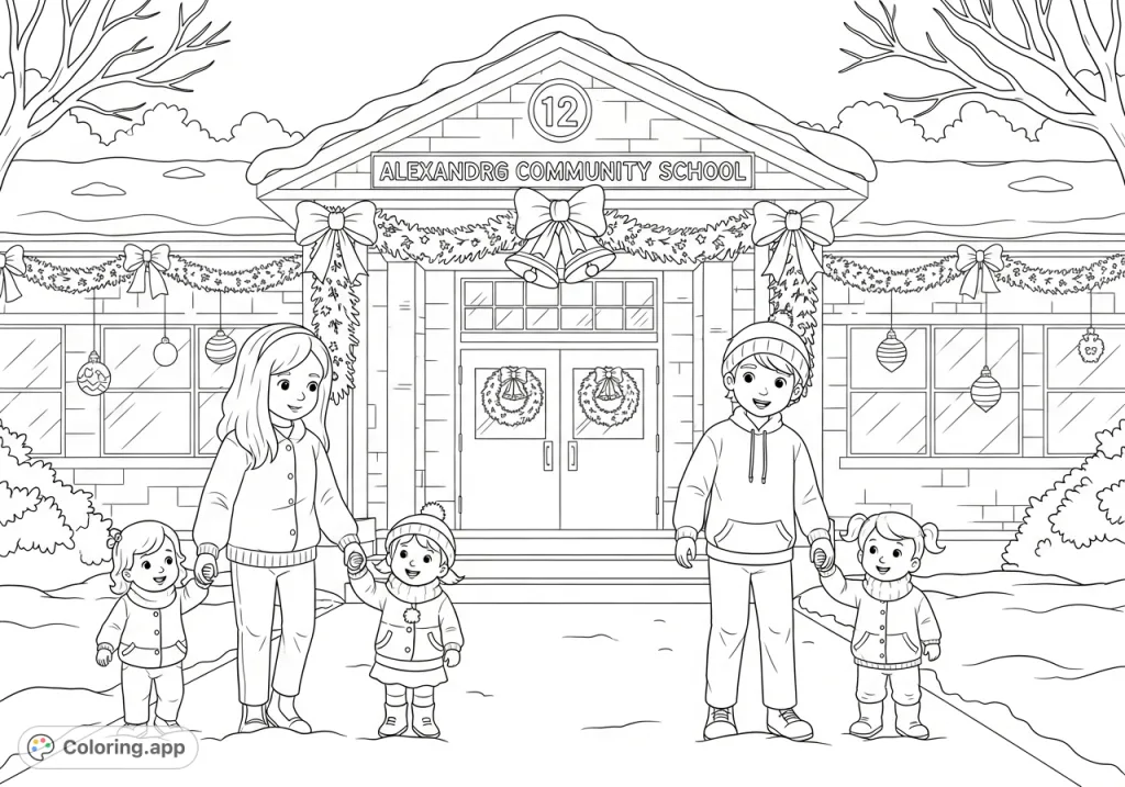 Capture the festive spirit at Alexandra Community school! Older students and their younger buddies stand amidst joyful Christmas decorations and snow.