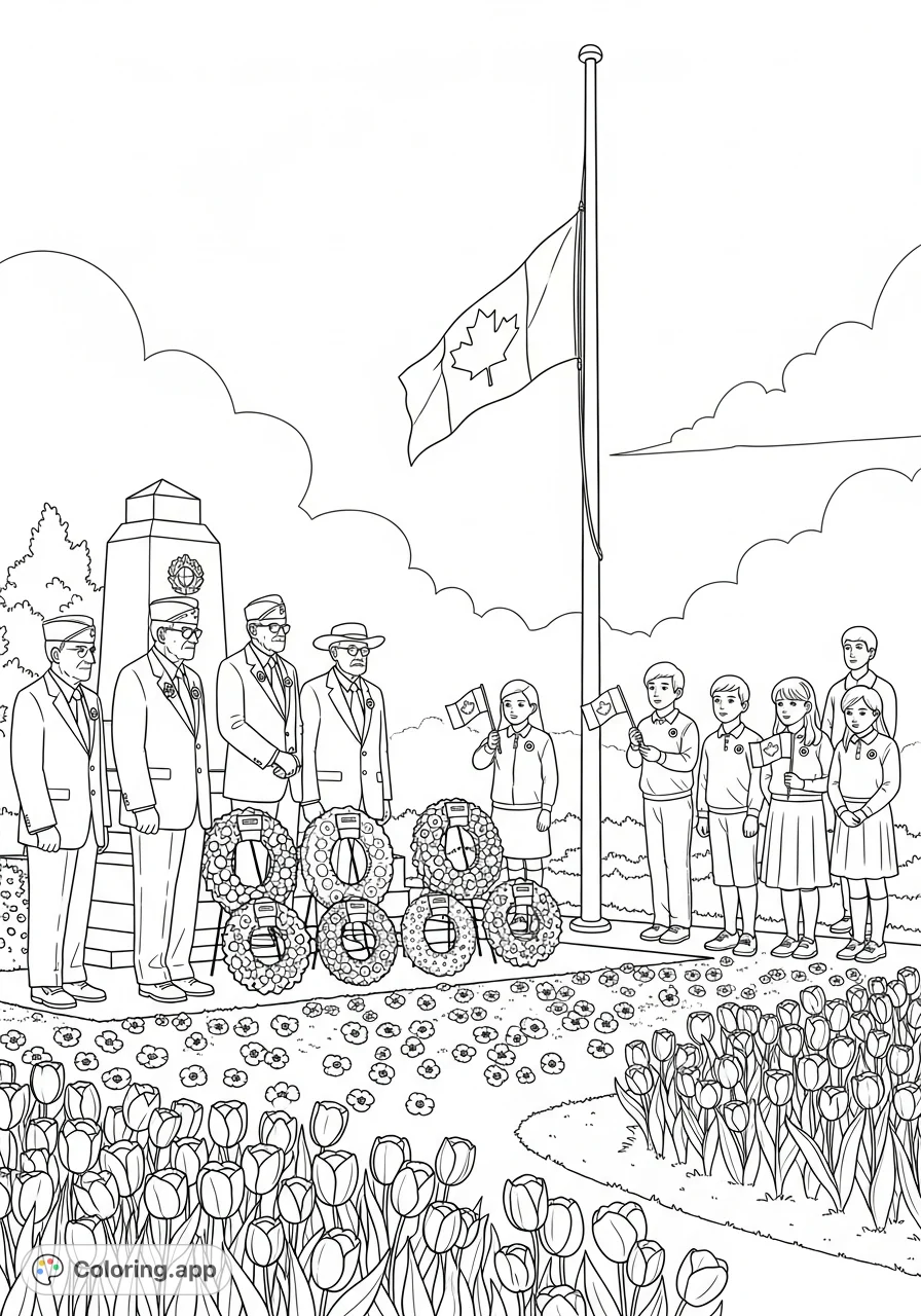 A poignant Remembrance Day scene featuring veterans, students, poppies, wreaths, and Canadian symbols, perfect for a free printable coloring page.