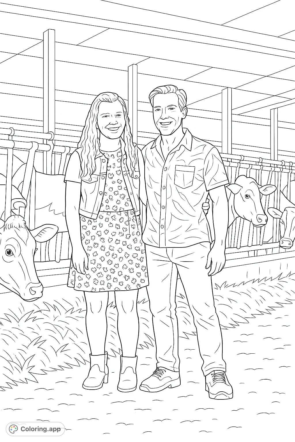 Color a heartwarming scene of a smiling couple on their farm, surrounded by gentle dairy cows and rustic barn details. A charming farm life coloring page.