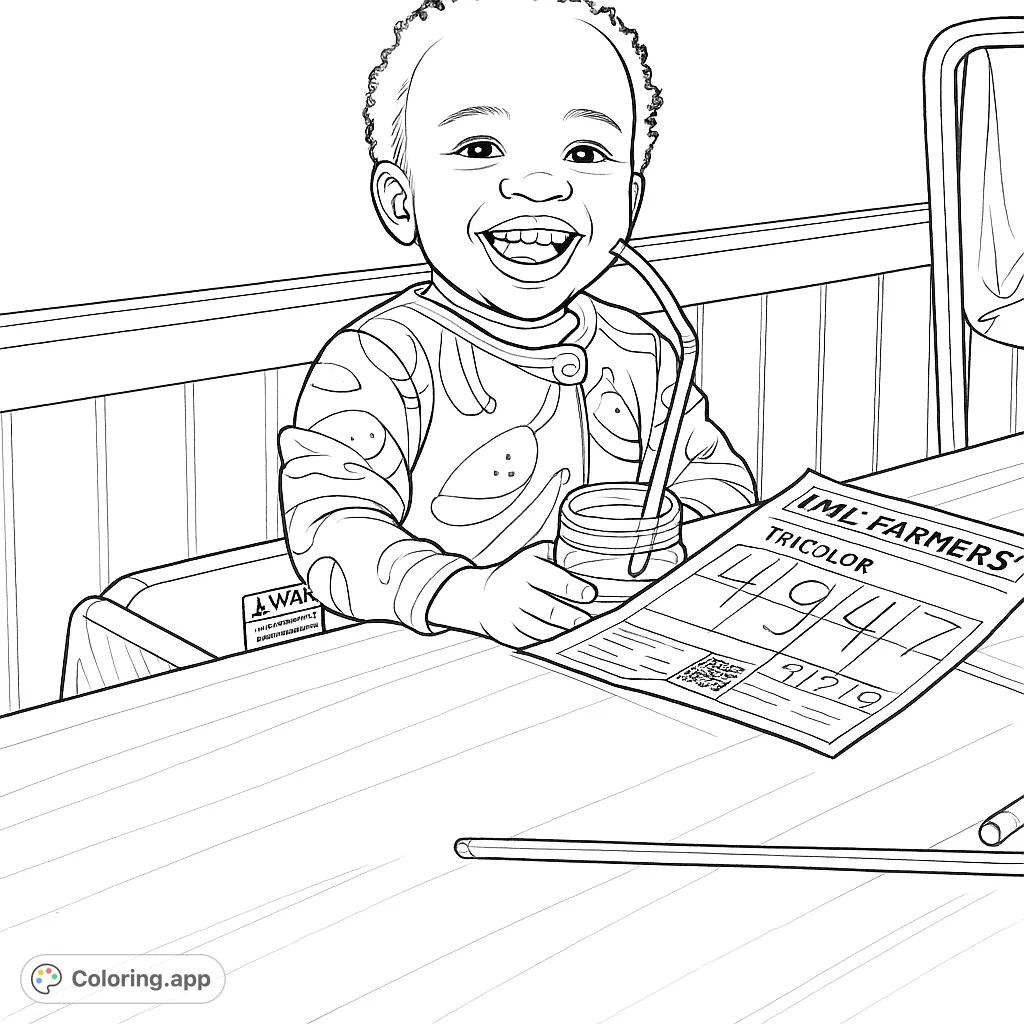 A delightful coloring page featuring a happy child in a high chair, ready for fun with an activity sheet. Perfect for young artists!