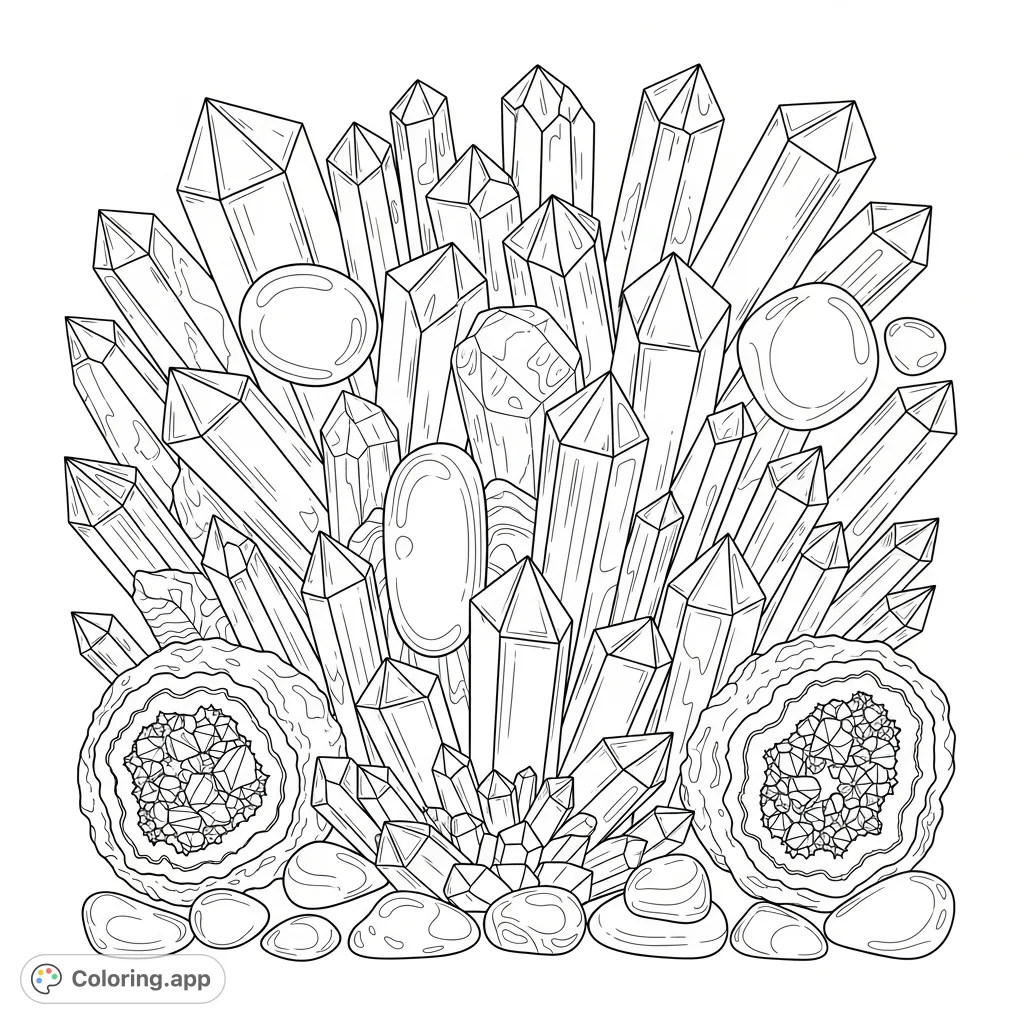 Explore a dazzling array of crystals and gemstones, from faceted quartz to smooth geodes. A detailed crystal coloring page for all ages.