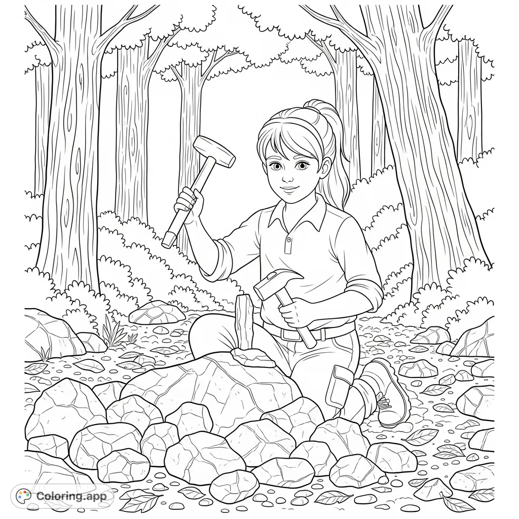 A young girl diligently rockhounds in a serene forest, using a chisel and hammer by a pile of unique rocks, perfect for a nature-themed coloring page.