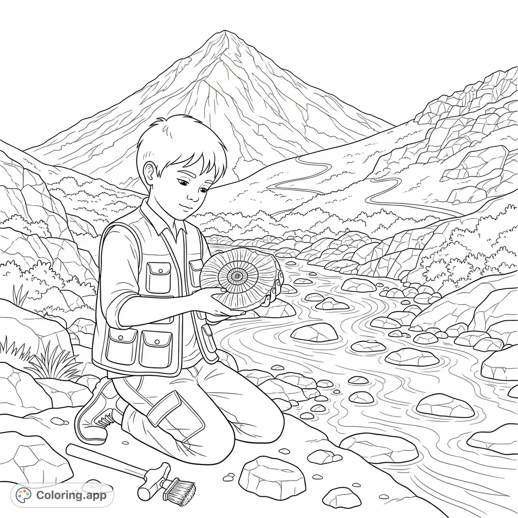 A young boy discovers a detailed fossil while rockhounding by a mountain stream. A perfect free printable rockhounding coloring page for nature enthusiasts.