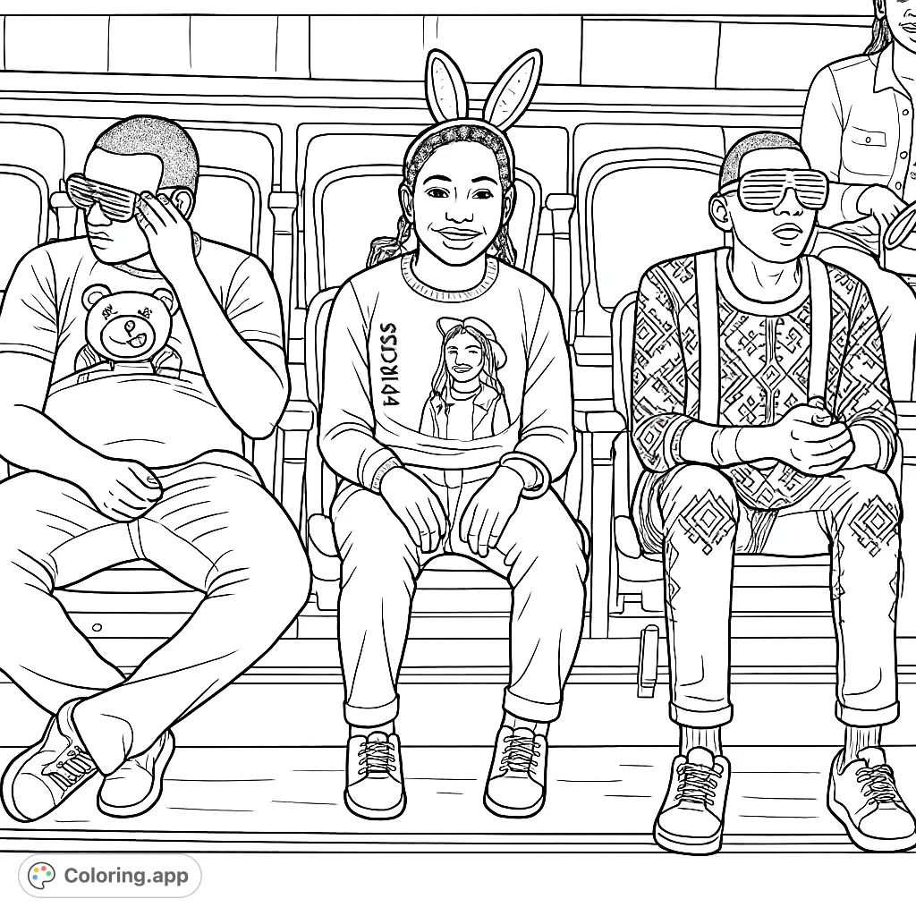 Join three stylish friends in stadium seats, sporting unique glasses and fun accessories. A cool kids coloring page for creative expression and imaginative fun.