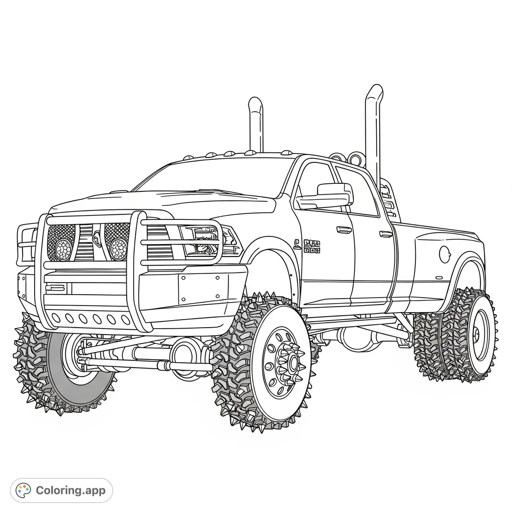 Unleash your creativity with this detailed Dodge Ram 2500 dually coloring page, featuring a lift, spiked lug nuts, smoke stacks, and a bull bar.