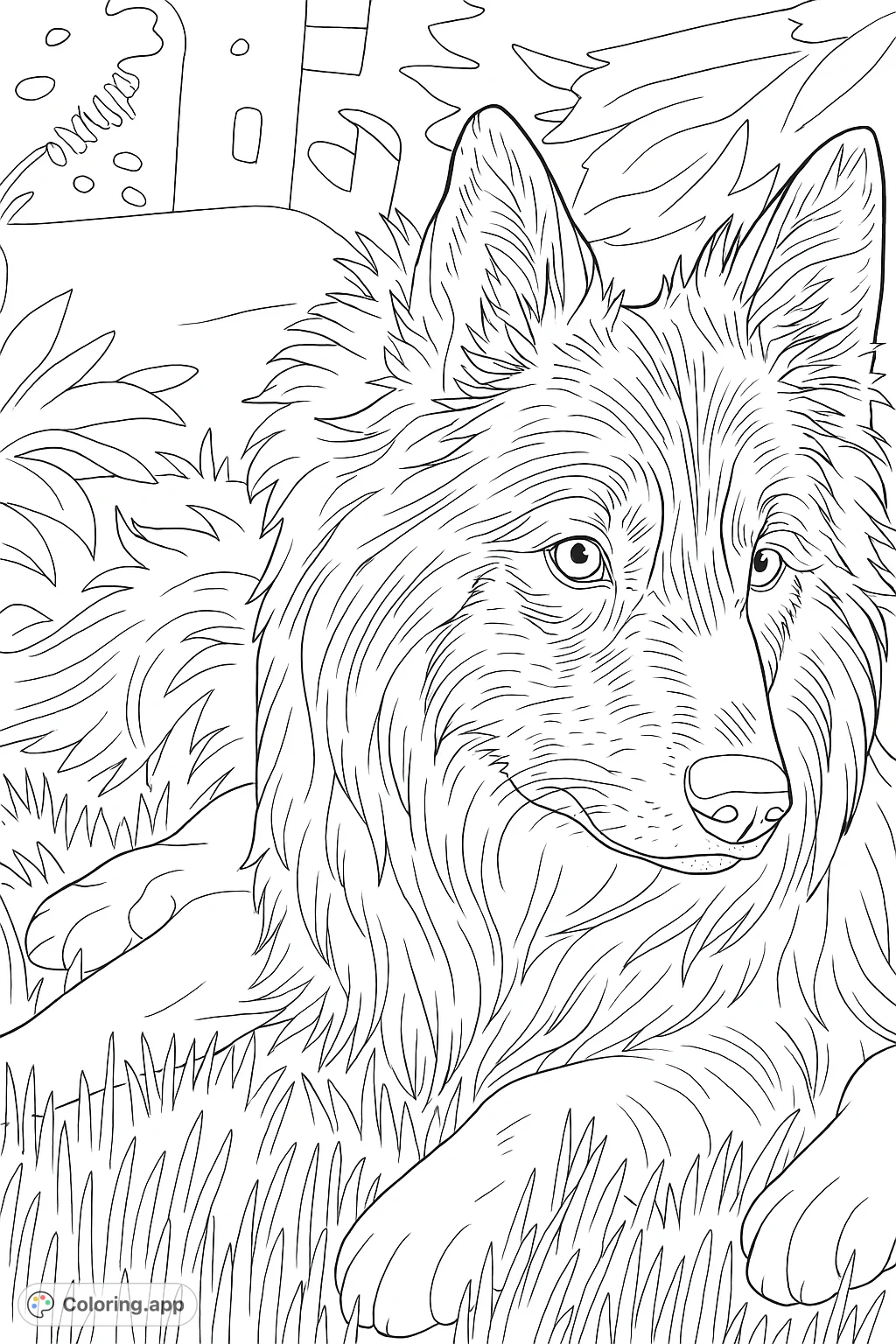 A beautiful, fluffy dog rests peacefully on a grassy lawn, its textured fur and expressive features inviting a creative coloring experience.