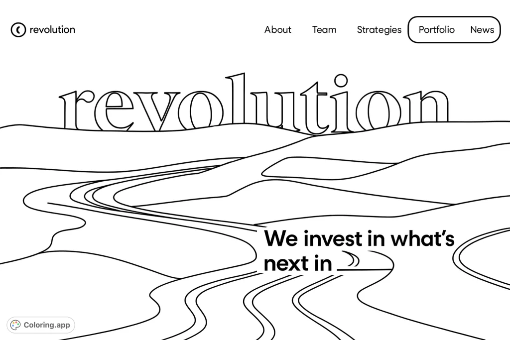 Experience a dynamic road landscape with a winding highway and abstract light trails, set against rolling hills and a prominent 'revolution' text. A unique, cartoony coloring page.