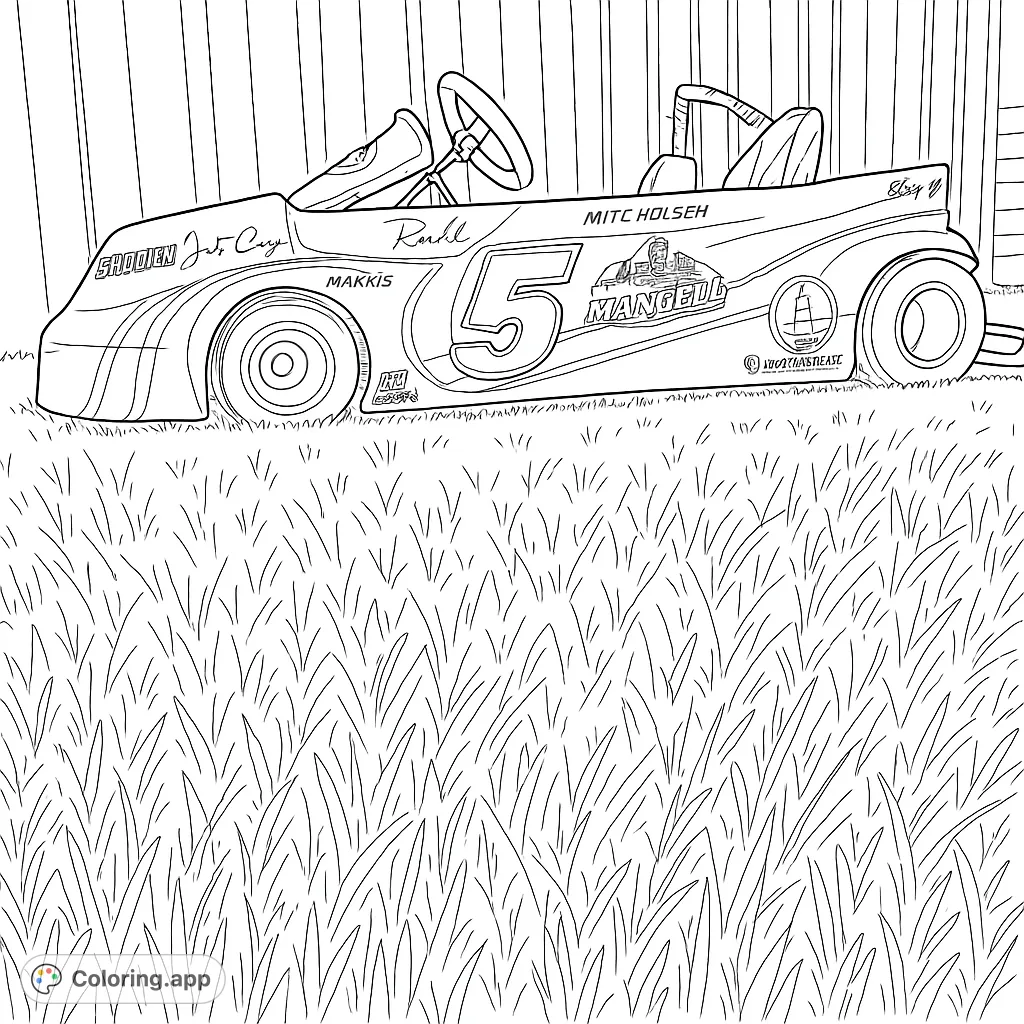Get ready to race with this exciting go-kart coloring page! Features a sleek racing vehicle with a prominent number 5 and various sponsor logos.