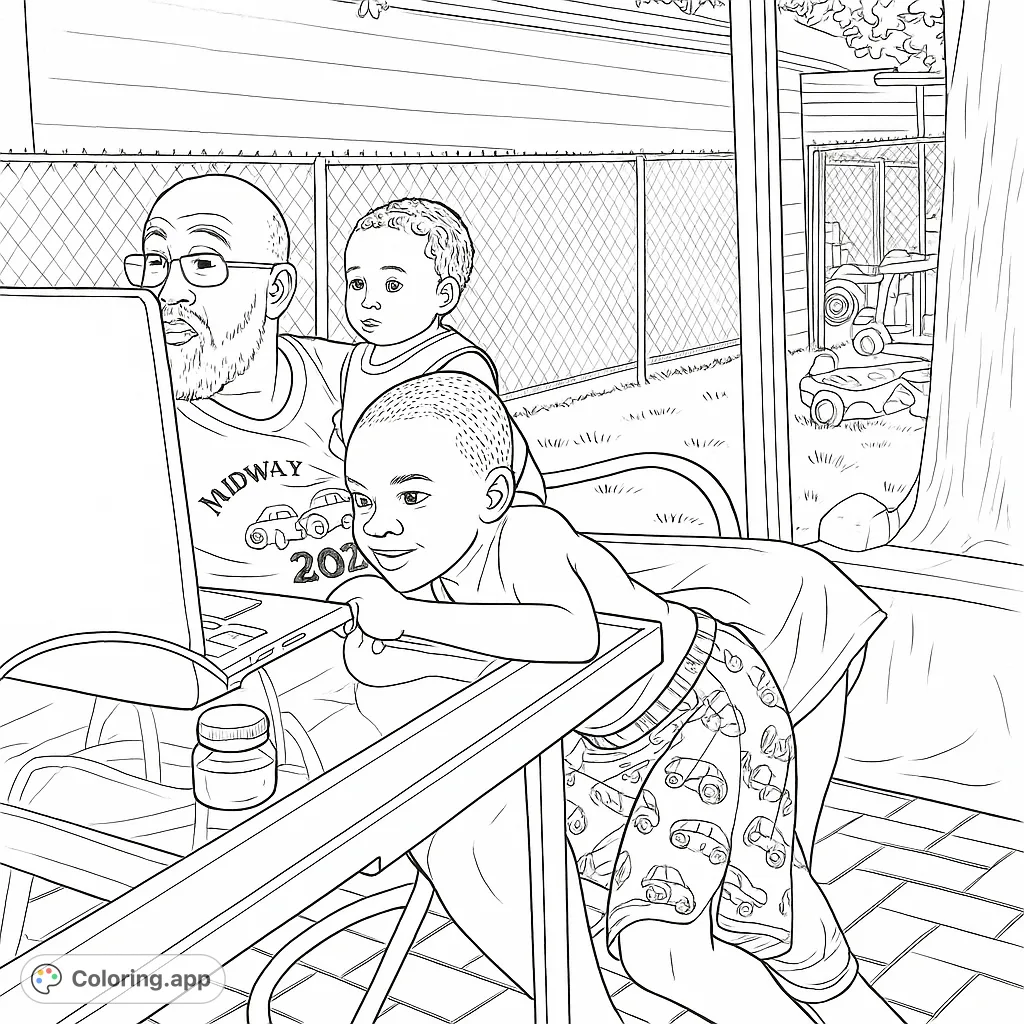 Capture a heartwarming scene of a man and two children enjoying screen time outdoors. A perfect family bonding coloring page.