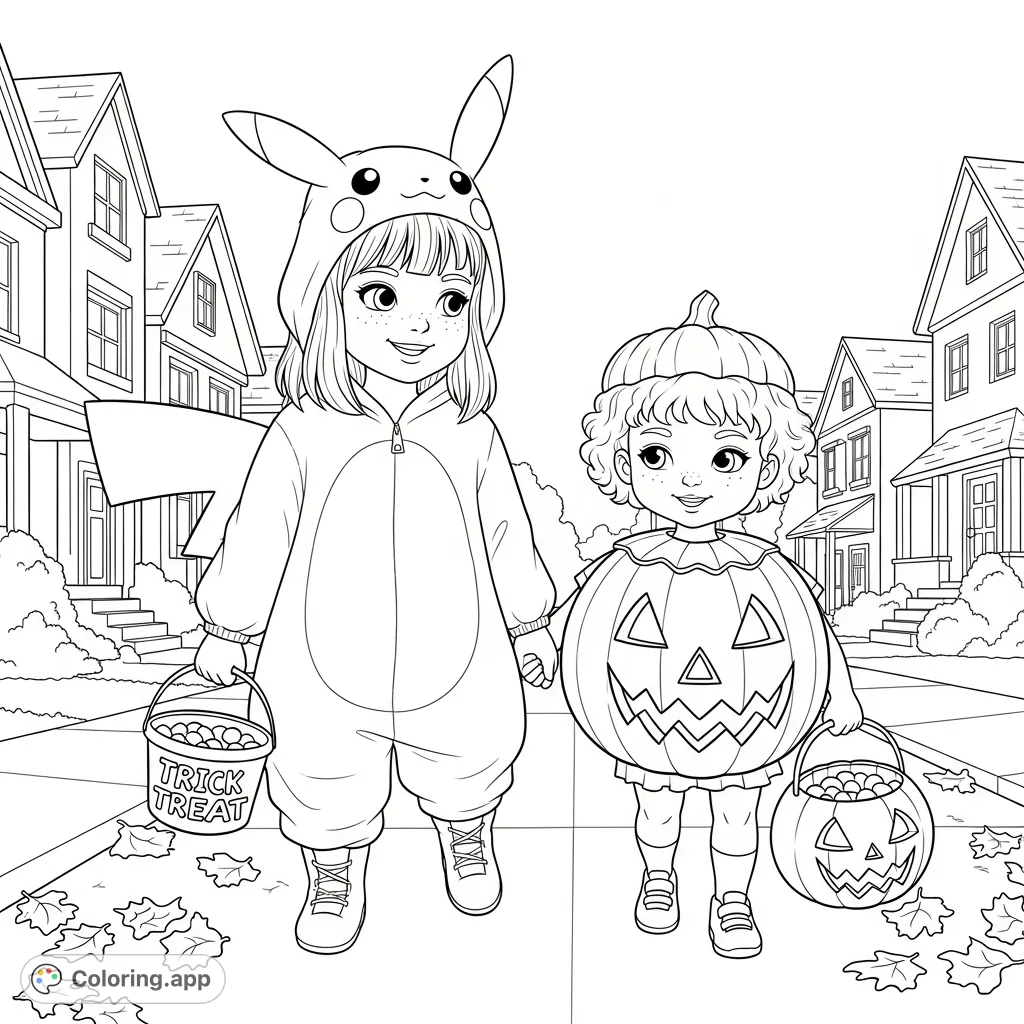 A delightful Halloween coloring page featuring two girls in Pikachu and jack-o-lantern costumes, ready for trick-or-treating fun.
