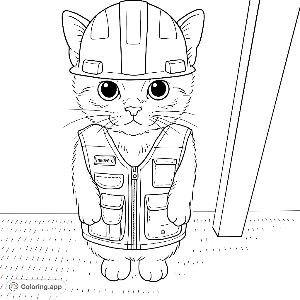 Adorable kitten dressed as a civil engineer with a hard hat and utility vest, ready for a fun coloring adventure. Perfect for animal and construction fans!