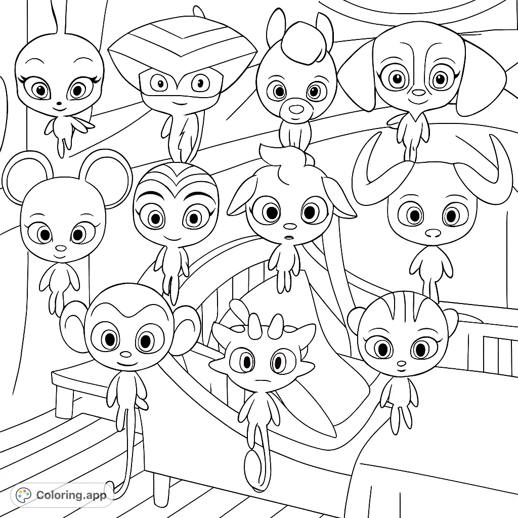 Discover a delightful collection of adorable Kwami creatures, each with unique animal features. A fun and engaging coloring page for fans of magical companions.