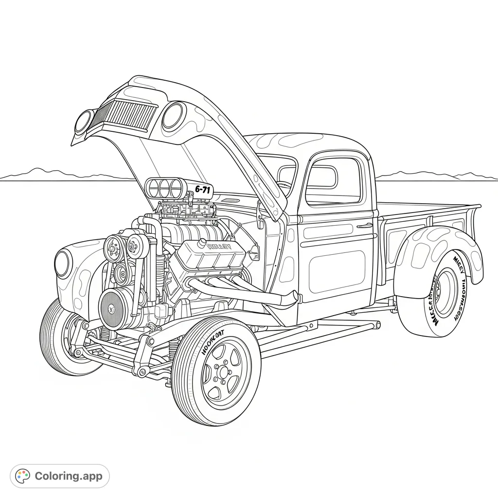 Experience the raw power of a 1941 Willy's gasser with its big block Chevy motor, blower, and drag slicks on the vast Utah salt flats. A detailed muscle car coloring page.