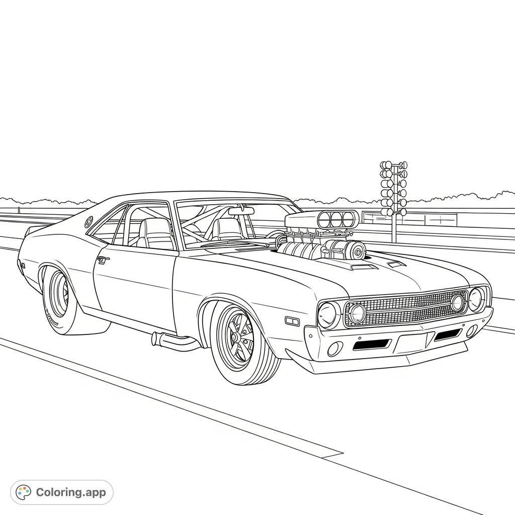 Detailed 1968 AMX Javelin GT drag car at the old Avilla, Indiana drag strip. Features aftermarket parts, wide tires, and a powerful engine, ready for action.