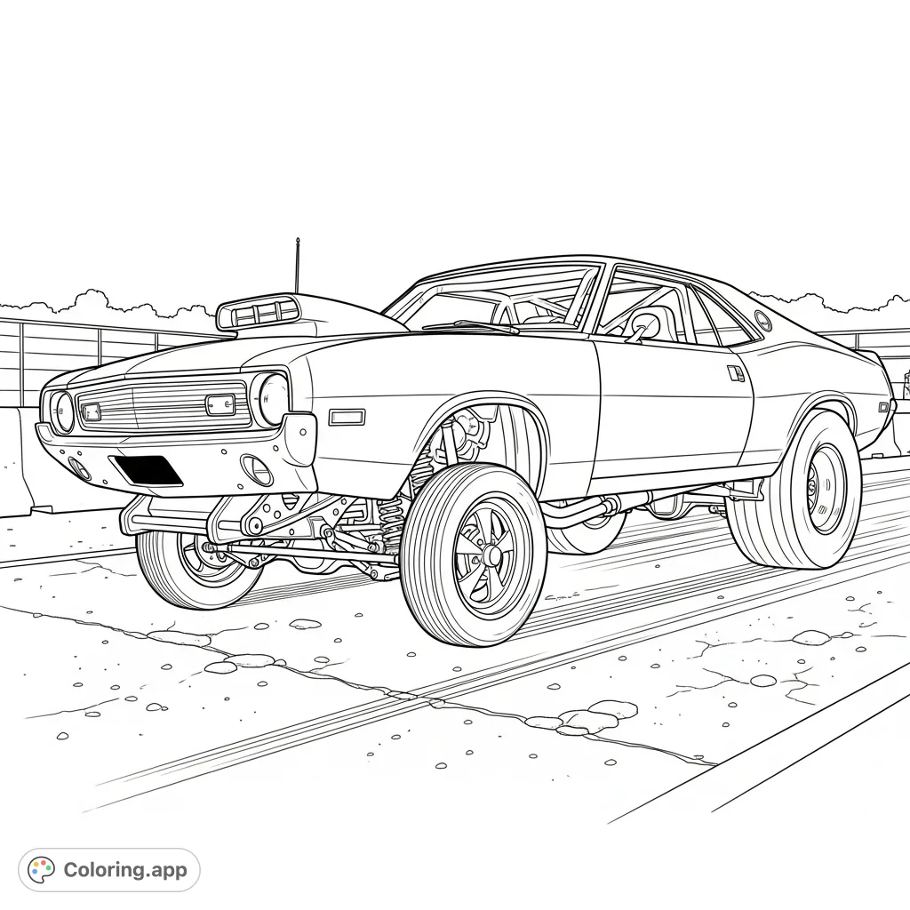 Unleash your creativity on this 1969 AMX Javelin dragster, featuring a custom suspension, aggressive hood scoop, and detailed interior roll bar. A true classic for car enthusiasts!