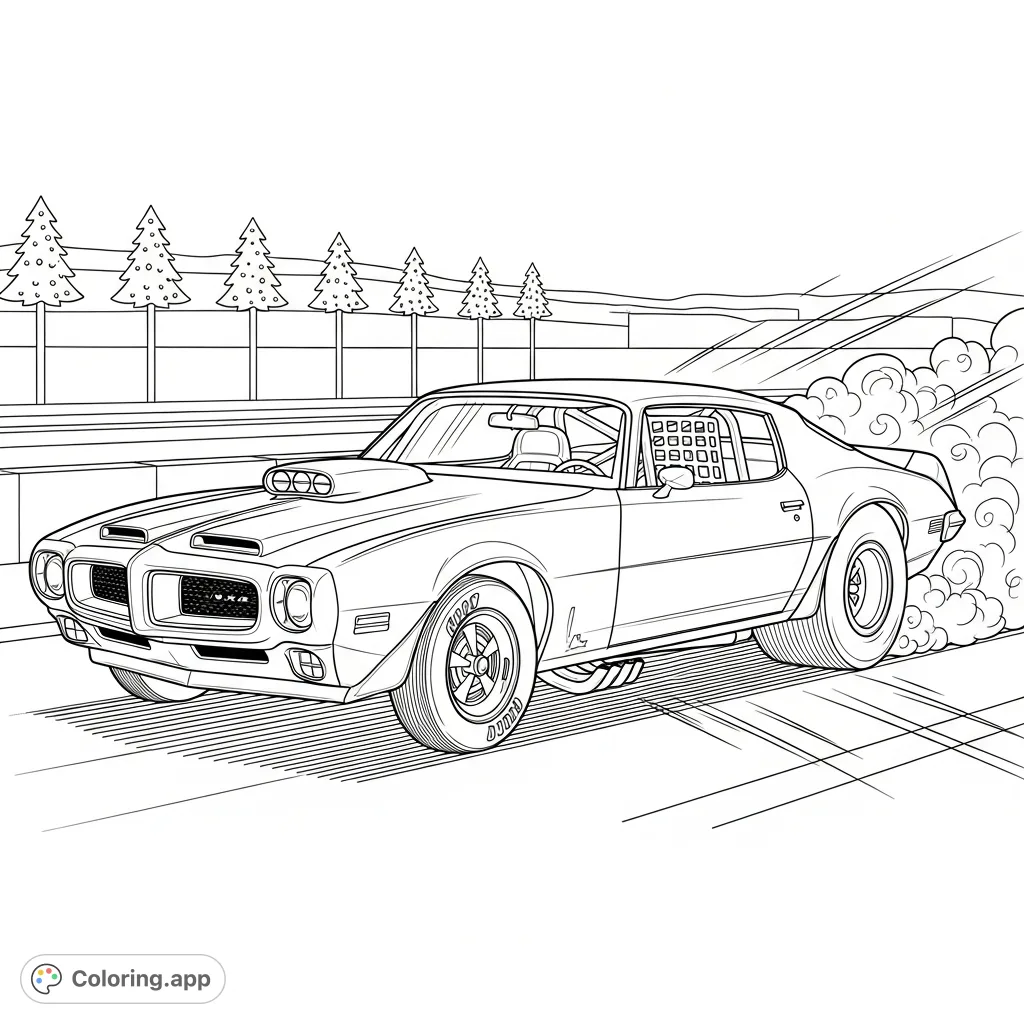 Witness a powerful 1970 Pontiac Trans-Am launching from the starting line, complete with drag tires, intricate roll bar, and timing lights.