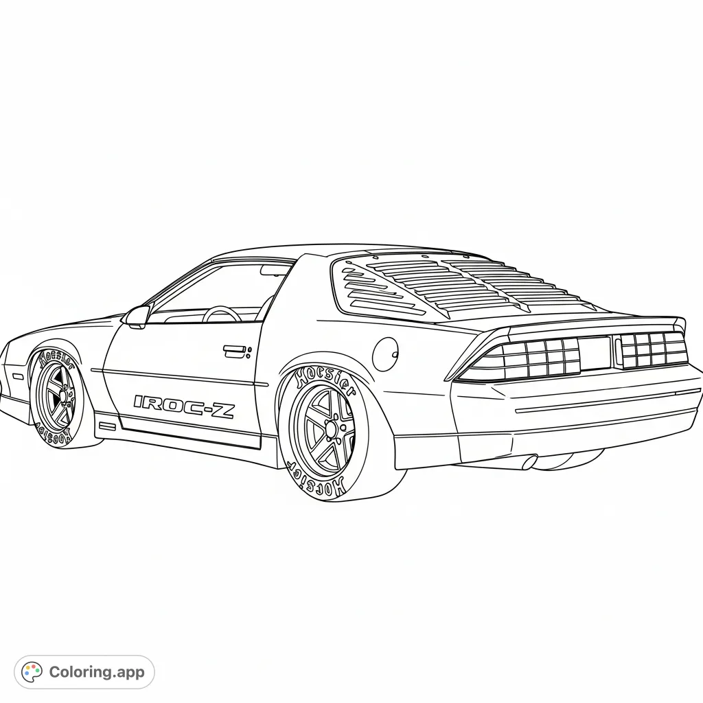 Capture the iconic 1986 Camaro IROC-Z, featuring a slammed stance, classic IROC rims, Hoosier tires, and rear window louvers. A detailed auto coloring page.