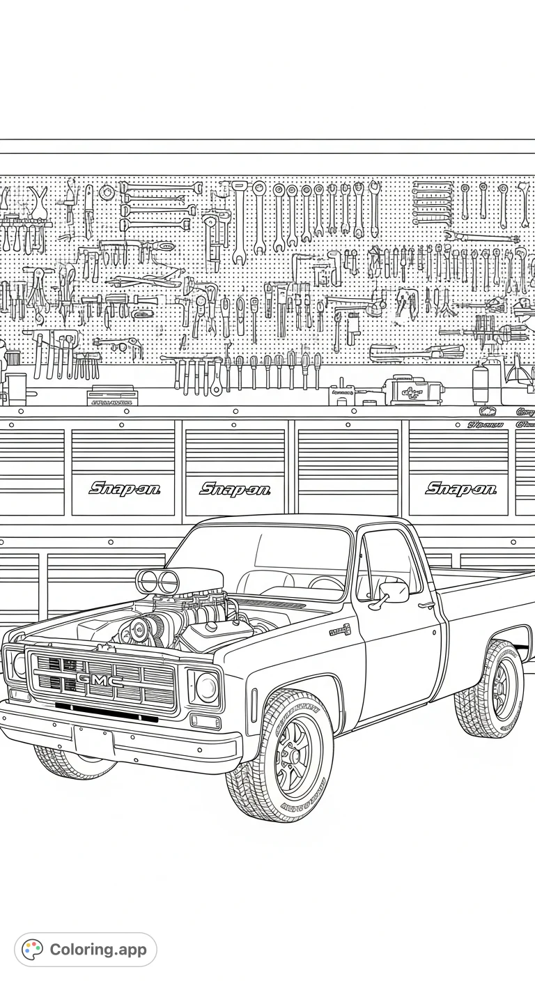 Color a powerful 1976 GMC K2500 4x4 truck with custom engine and suspension, parked in a detailed garage with tools and Snap-on chests.