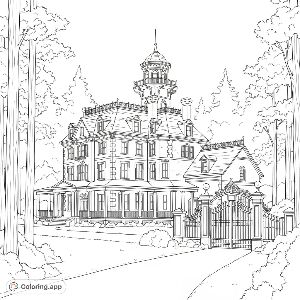Explore a grand 1800s mansion with a lookout tower, sprawling porch, and hidden carriage house, nestled behind a winding forest drive. A detailed architectural coloring page.