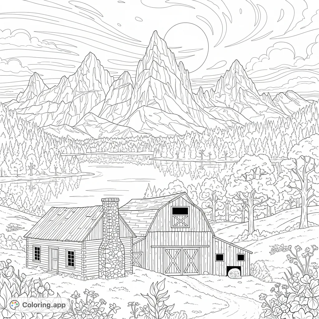 Discover a peaceful Rocky Mountains spring scene! Color an old log cabin, barn, and a serene lake reflecting wooded peaks. A perfect nature escape.
