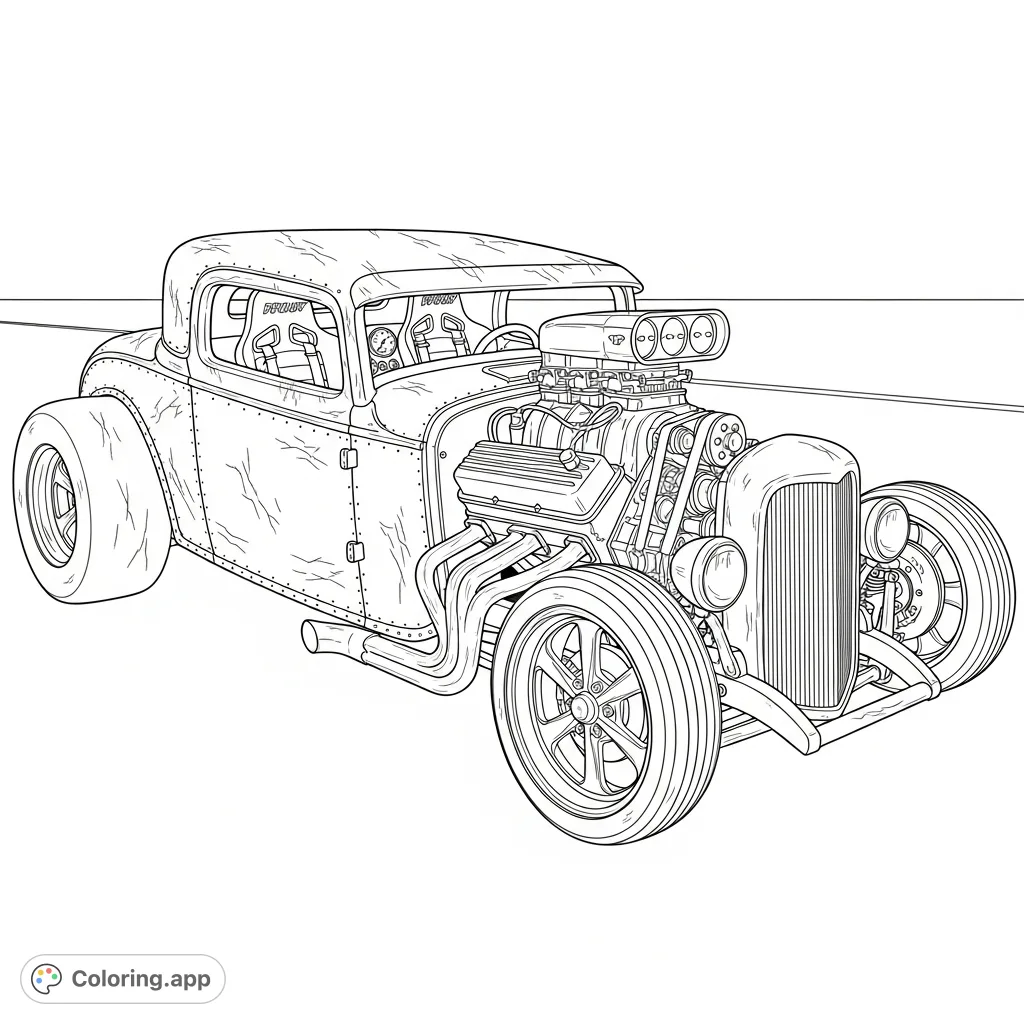 Unleash your creativity with this unique rat rod coloring page, featuring a rugged exterior, exposed engine, and polished high-performance details.