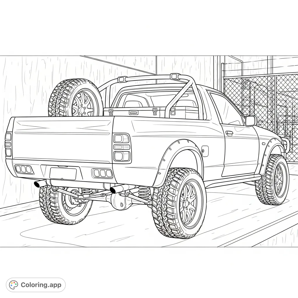 Unleash your creativity on this detailed classic ute coloring page, featuring custom 4x4 suspension, knobby tires, and an industrial backdrop.