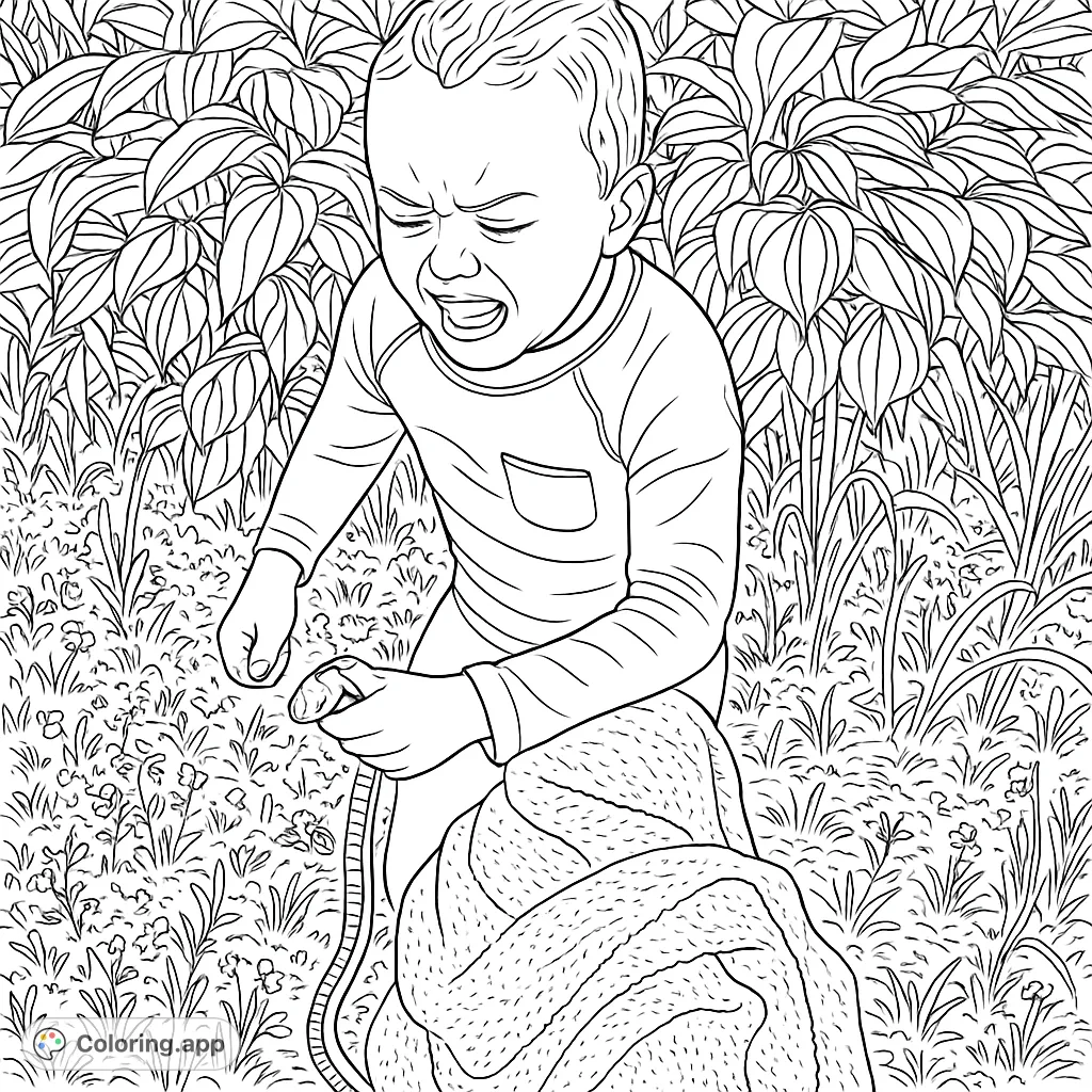 A young boy's unexpected encounter with a snake, captured in a moment of surprise and emotion. A unique nature-themed coloring page.
