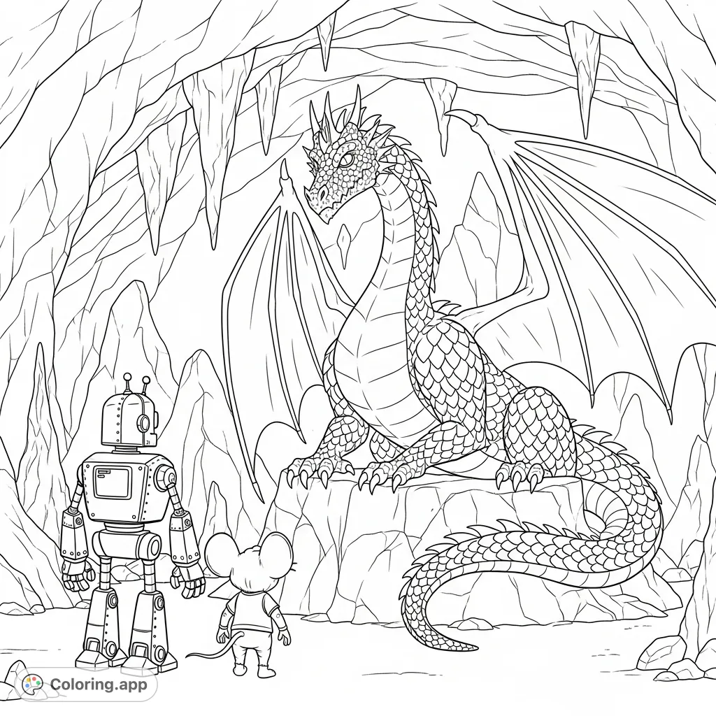 Join Rusty the Robot and Leo as they encounter the majestic Dragon King in a grand cavern. A detailed fantasy adventure coloring page for all ages!
