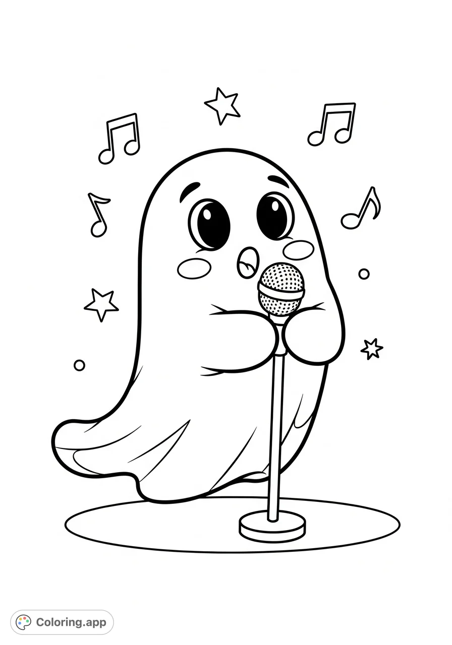 A charming ghost with a friendly expression, singing joyfully, surrounded by musical notes. Perfect for a fun, whimsical coloring experience.