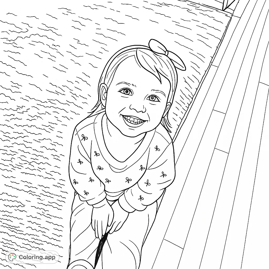 A delightful coloring page featuring a happy child with a sweet smile and a bow headband, perfect for bringing joy to young artists.