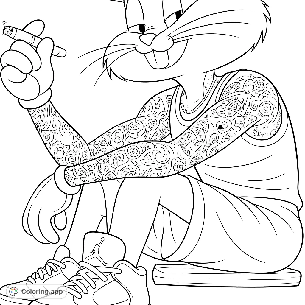 A cool cartoon rabbit character with detailed arm tattoos, wearing a tank top and shorts, holding a cigar. Perfect for fans of unique character art.