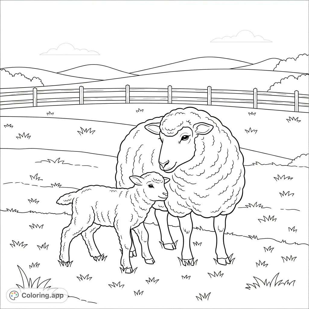 A charming farm animal coloring page featuring a fluffy sheep and its playful lamb in a grassy field, perfect for all ages.
