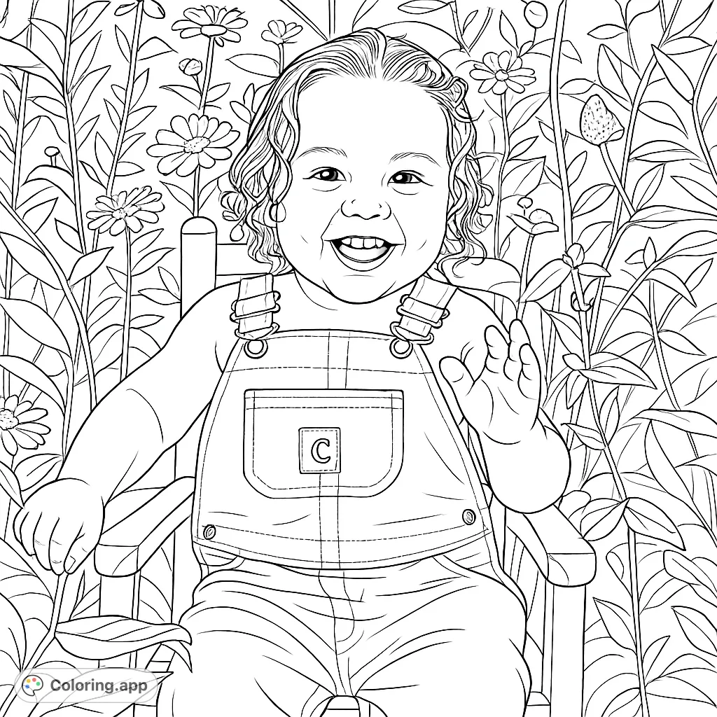 A joyful child with curly hair sits in a small chair amidst a vibrant field of blooming flowers, ready for your creative touch.
