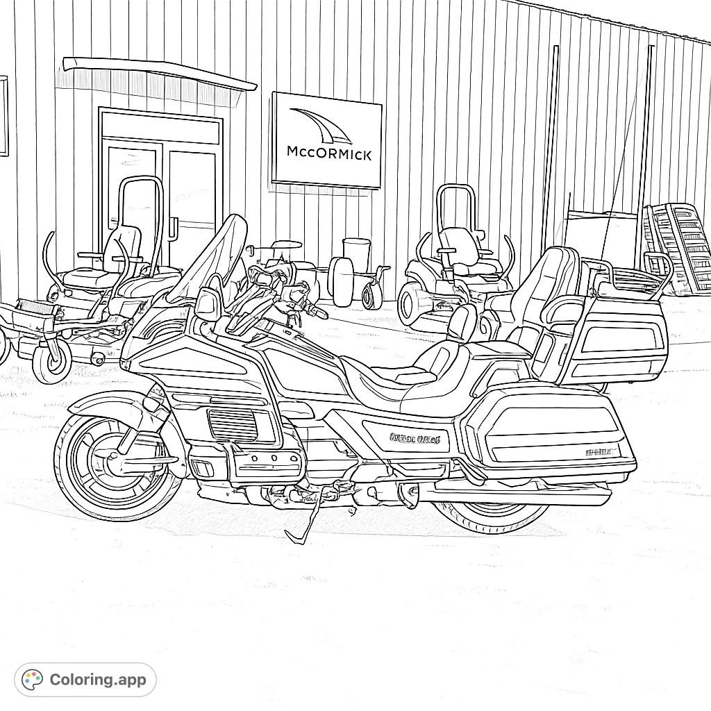 Detailed touring motorcycle parked outside a building with lawnmowers, offering intricate chrome and mechanical elements for a satisfying coloring experience.