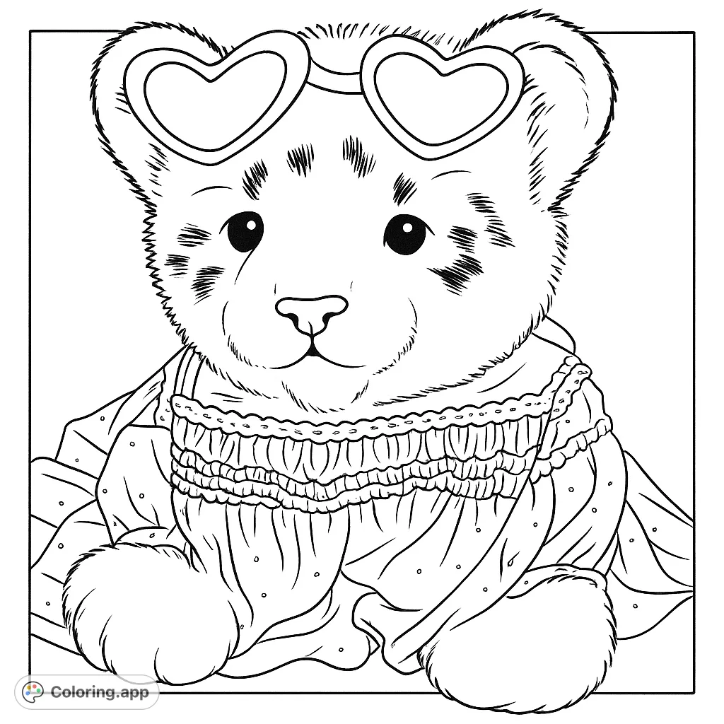 Color a charming plush toy wearing stylish heart-shaped sunglasses and a smocked dress. Perfect for creative fun and imaginative play!