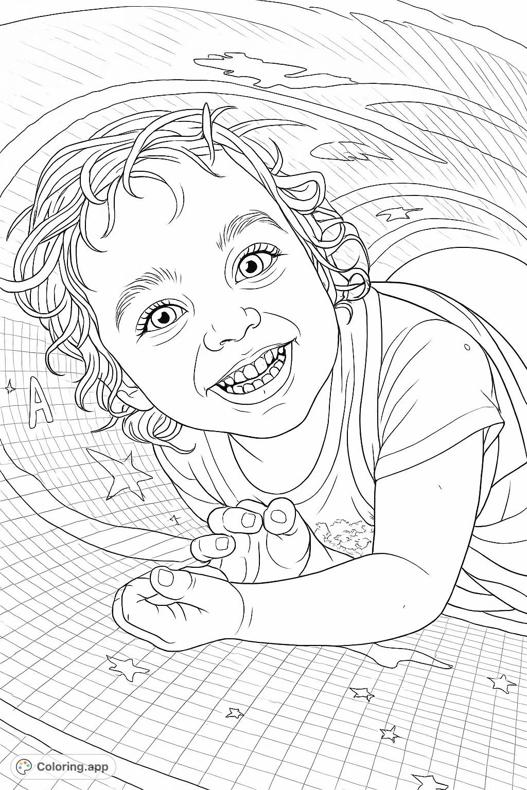 A joyful child with a wide smile peeking from inside a textured play tunnel, ready for a fun coloring adventure.