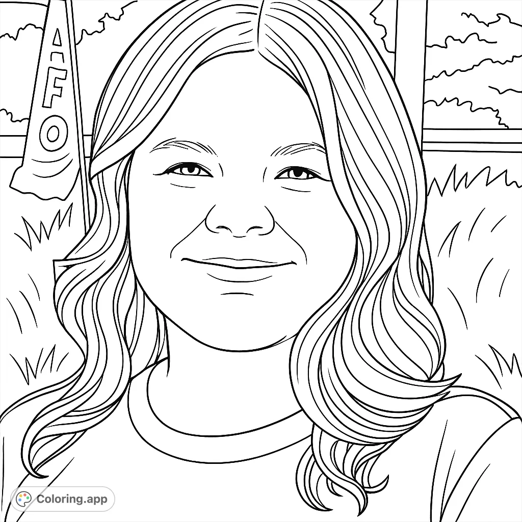 A cheerful young person with wavy hair smiles in an outdoor setting, perfect for a relaxing coloring experience.