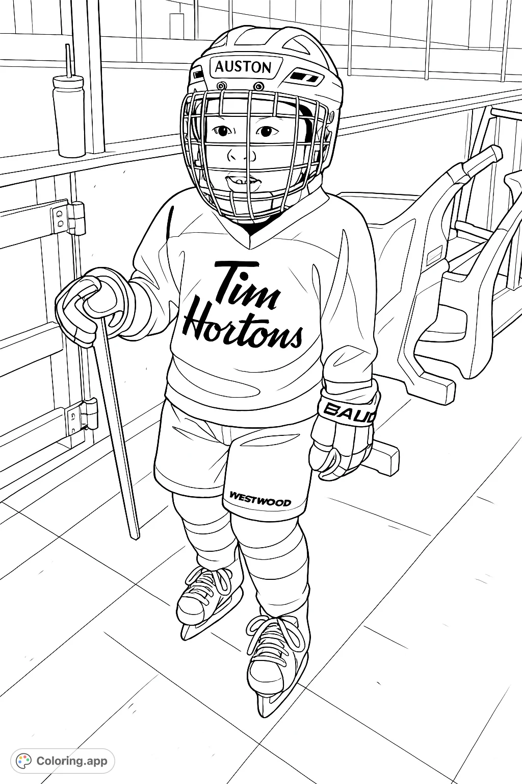 A determined young hockey player in full gear, ready for the ice. This sports coloring page captures the excitement of youth hockey, perfect for aspiring athletes.
