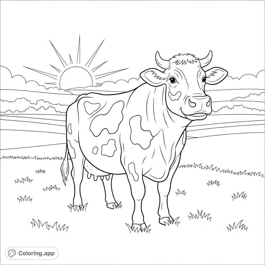 A delightful happy cow stands in a sunny farm field, ready for a splash of color. Perfect for a cheerful and relaxing coloring experience.